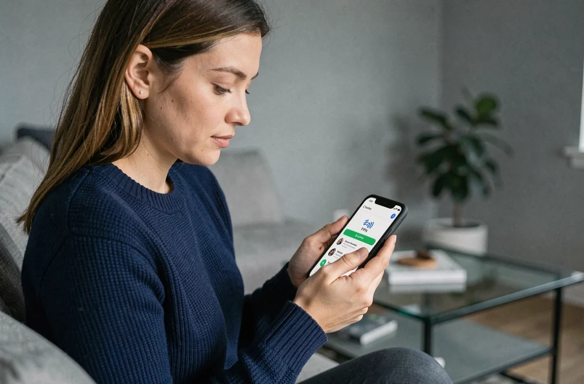 Femme utilisant une application VPN sur smartphone pour protéger sa vie privée en ligne dans un salon moderne