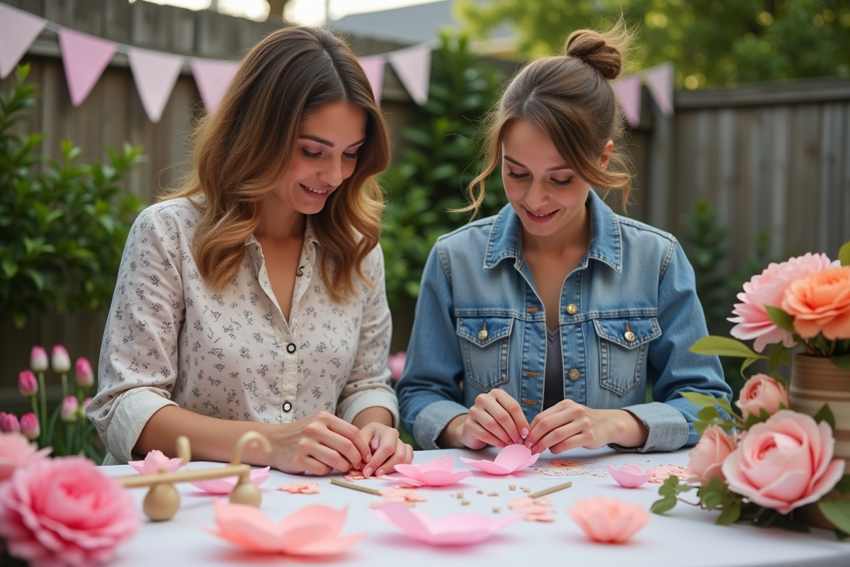 Deux femmes créant des fleurs en papier dans le jardin