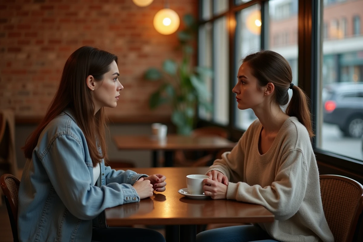 Deux femmes discutant dans un café, illustrant le soutien émotionnel et la reconstruction après une trahison sentimentale