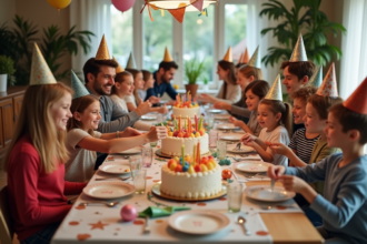 Groupe d'adultes et enfants lors d'une fête d'anniversaire