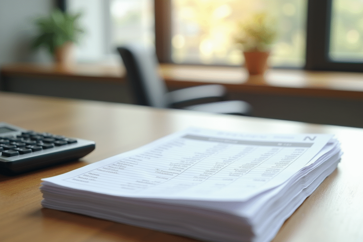 Piles de feuilles de salaire avec calculatrice sur bureau moderne