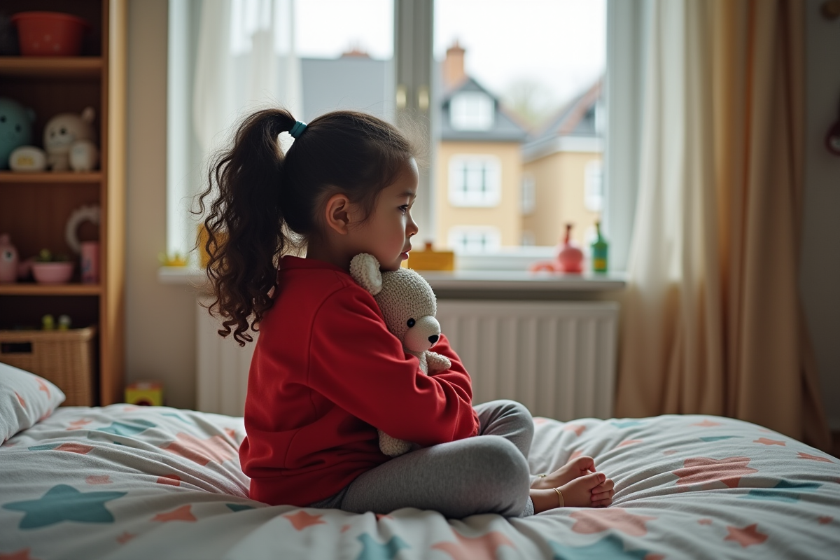 Fille de 8 ans assise sur son lit avec peluche à la maison