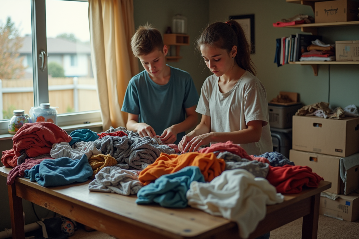 Fille et mère triant des vêtements colorés dans le salon