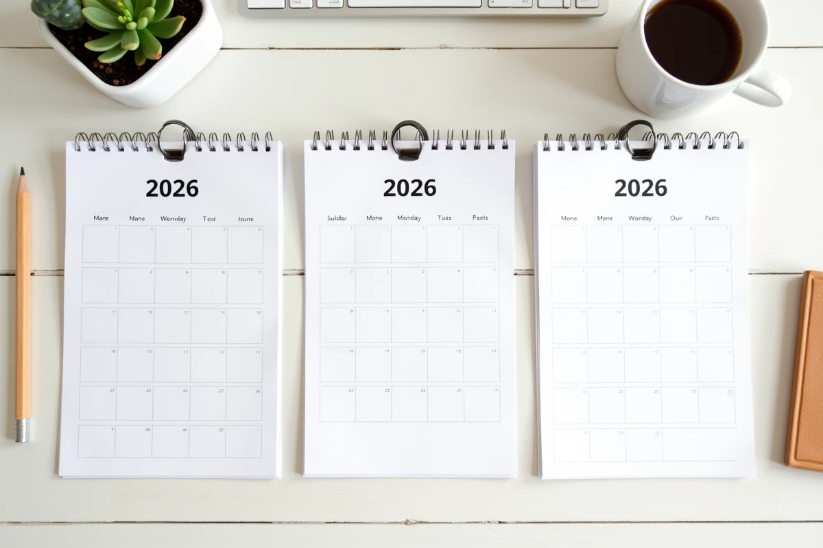 Vue de dessus de plusieurs calendriers 2026 imprimés en format portrait et paysage disposés en flat lay sur une table scandinave
