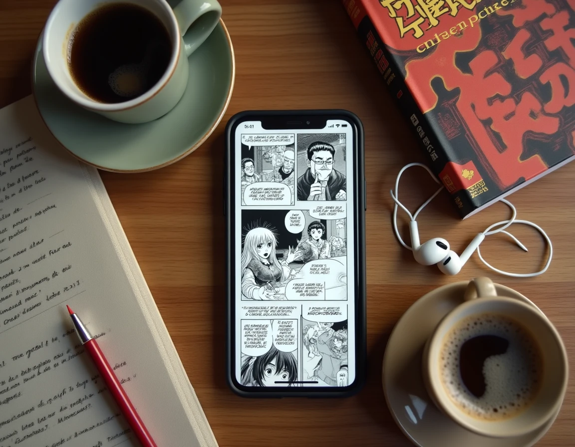 Flat-lay d'un smartphone affichant un scan manga en français entouré d'un café, de volumes manga et d'un carnet, illustrant la lecture de scans VF en ligne