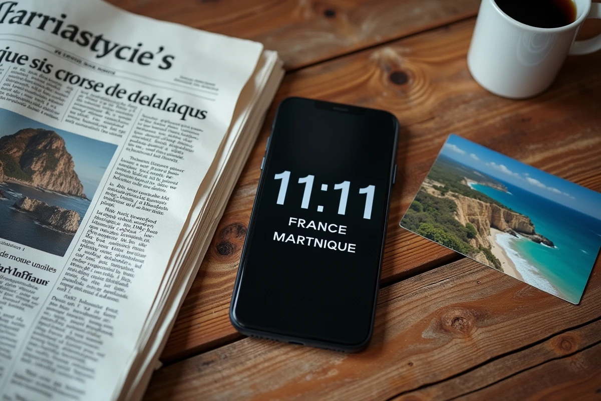 Composition à plat avec un smartphone affichant les fuseaux horaires de la France et de la Martinique, accompagné d'un journal et d'une carte postale des Antilles