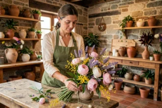 Fleuriste femme arrangeant un bouquet de fleurs locales dans une boutique artisanale aux murs en pierre dans les Pyrénées-Atlantiques