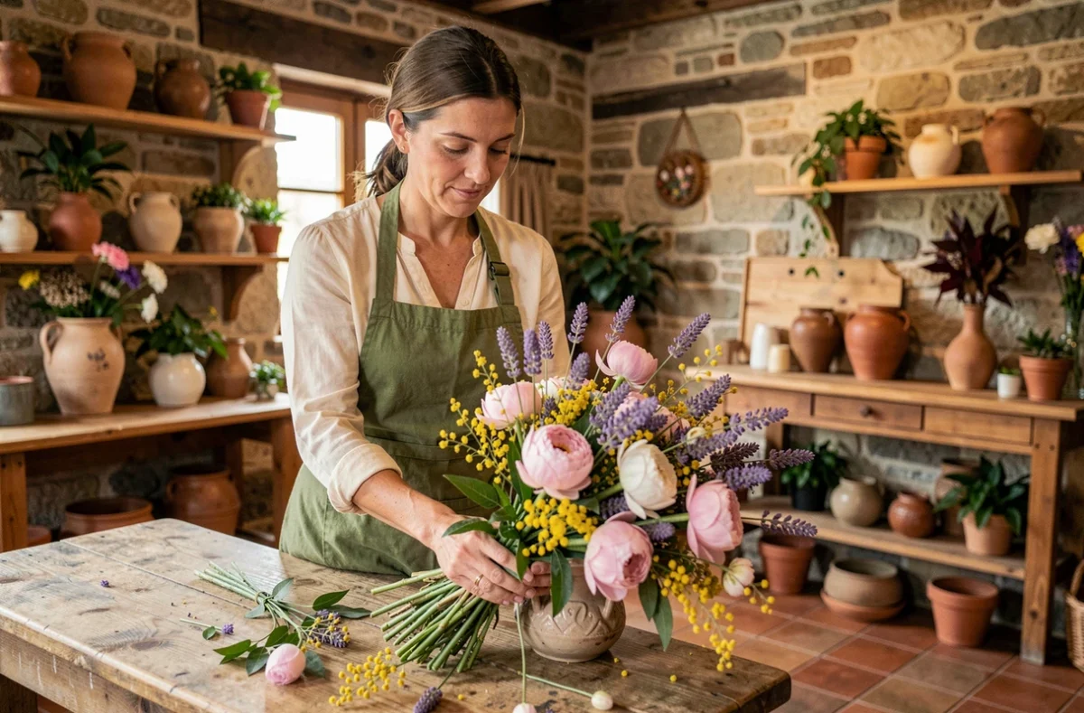 Fleuriste femme arrangeant un bouquet de fleurs locales dans une boutique artisanale aux murs en pierre dans les Pyrénées-Atlantiques