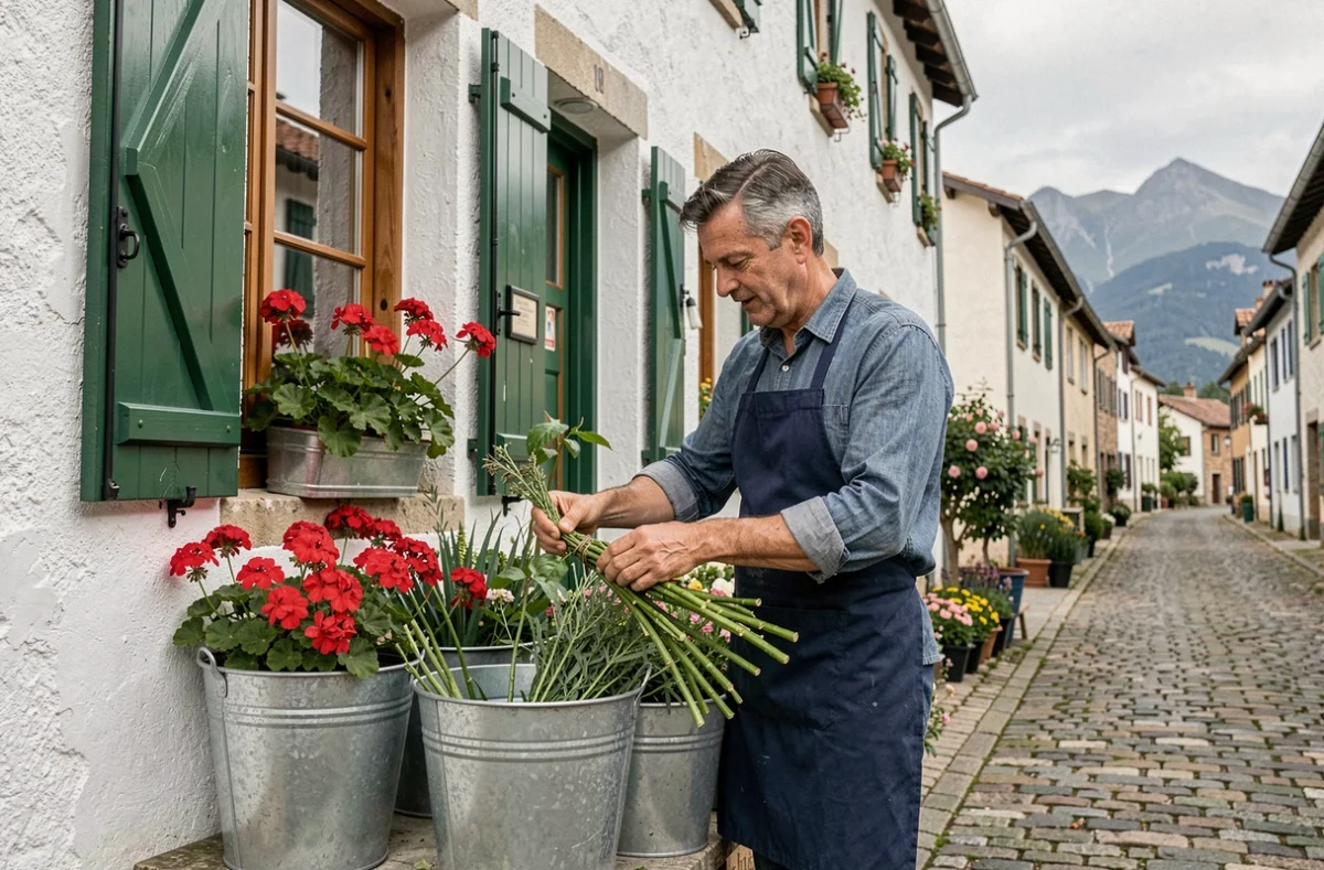 Fleuriste homme sélectionnant des fleurs fraîches devant une boutique en pierre dans un village basque des Pyrénées-Atlantiques