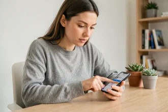 Femme découvrant les fonctionnalités cachées d'une application mobile sur smartphone dans un bureau minimaliste