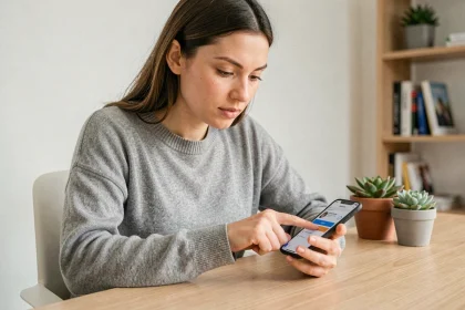 Femme découvrant les fonctionnalités cachées d'une application mobile sur smartphone dans un bureau minimaliste