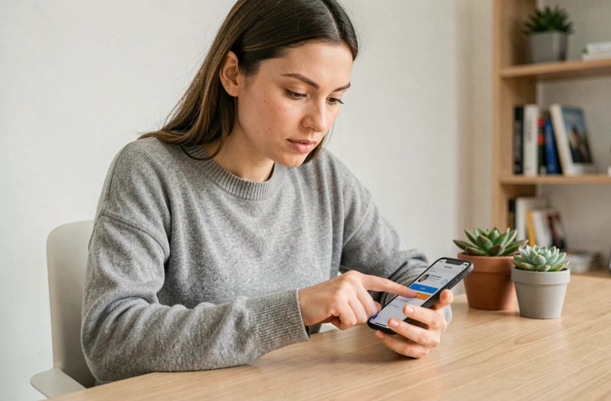 Femme découvrant les fonctionnalités cachées d'une application mobile sur smartphone dans un bureau minimaliste