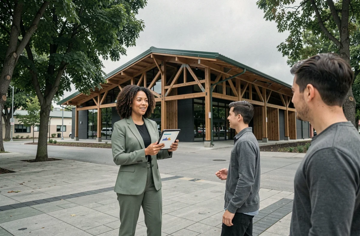 Franchisée présentant un bâtiment commercial éco-conçu à faible empreinte carbone en milieu urbain