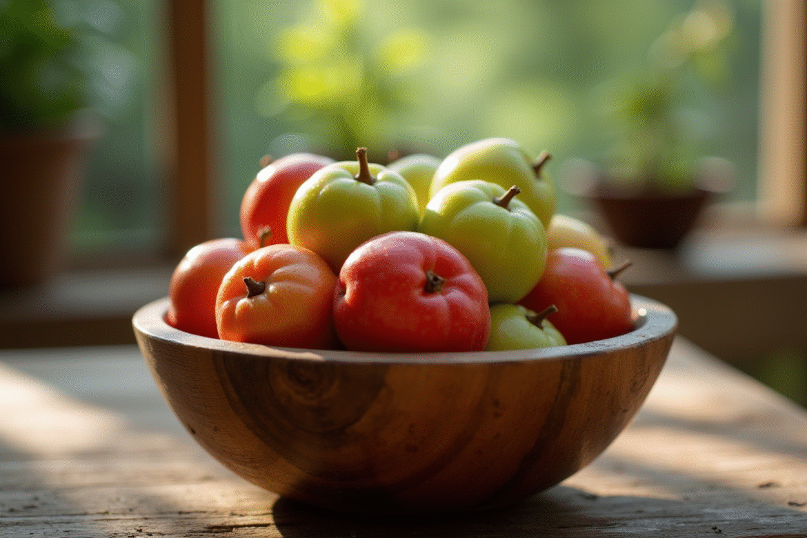 Fruits de jujube frais dans un bol en bois rustique sur un plan de travail