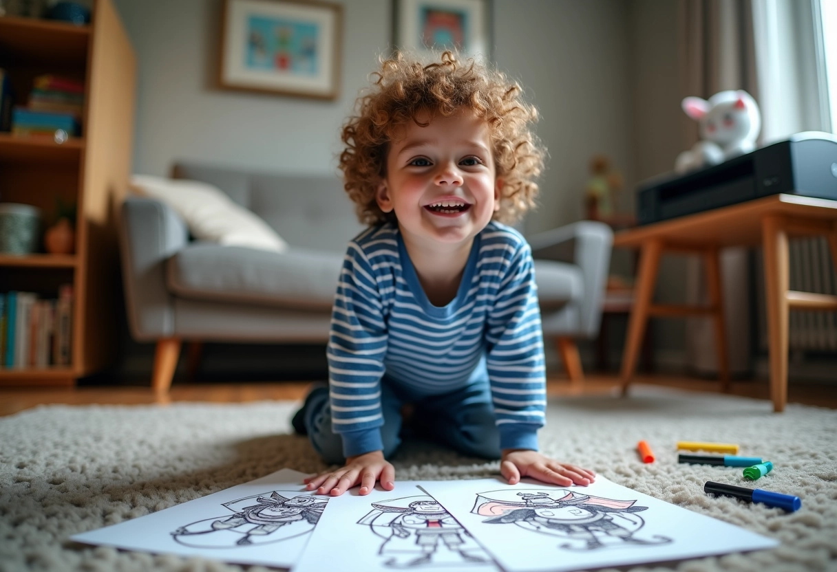 Garçon de sept ans montrant ses dessins de héros colories
