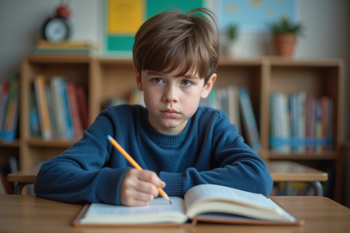 Garçon de 9 ans pensif en classe avec expression inquiète
