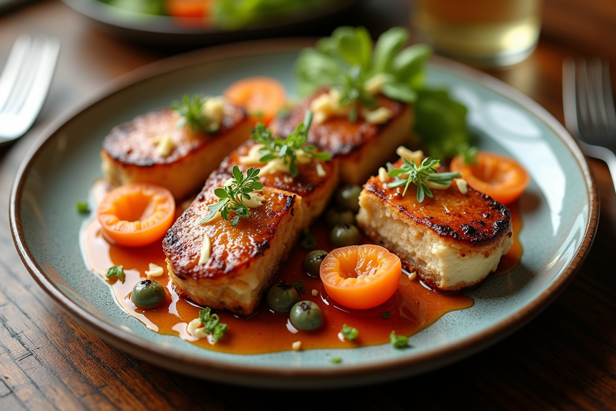 Plat gourmet appétissant présenté sur une table en bois