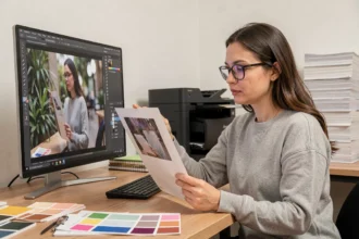 Graphiste examinant une feuille A4 imprimée face à son écran calibré pour vérifier la résolution en dpi