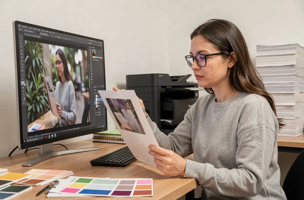 Graphiste examinant une feuille A4 imprimée face à son écran calibré pour vérifier la résolution en dpi