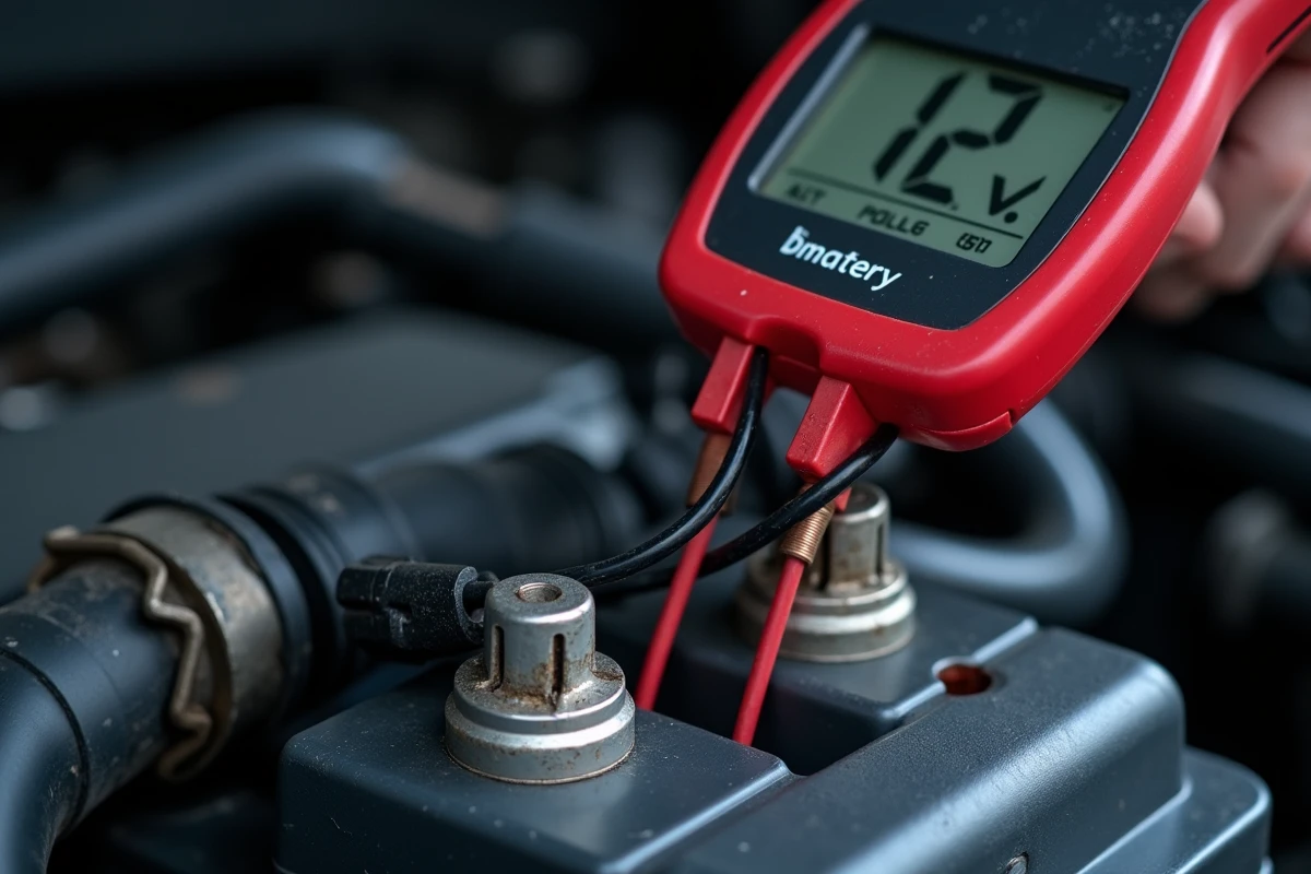 Gros plan de sondes de multimètre sur bornes de batterie voiture mesurant la tension de l'alternateur