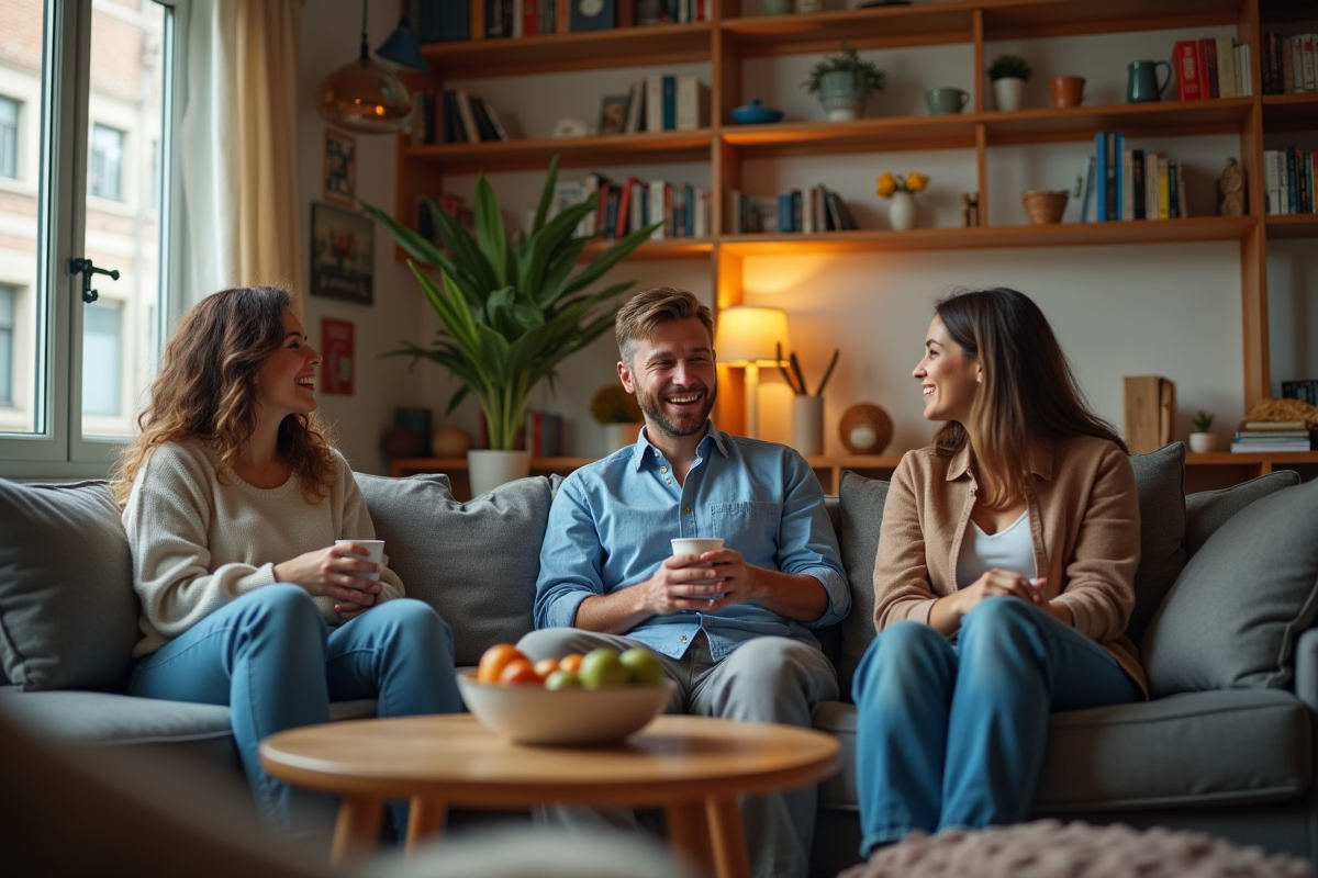 Deux couples discutant et riant dans un salon convivial et décoré