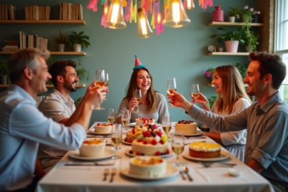 Groupe d'amis lors d'une fête autour d'une table décorée