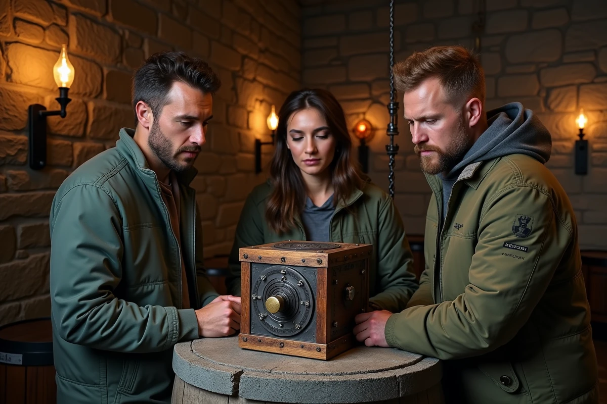 Groupe de joueurs adultes cherchant à ouvrir un cadenas dans un escape room à thème médiéval