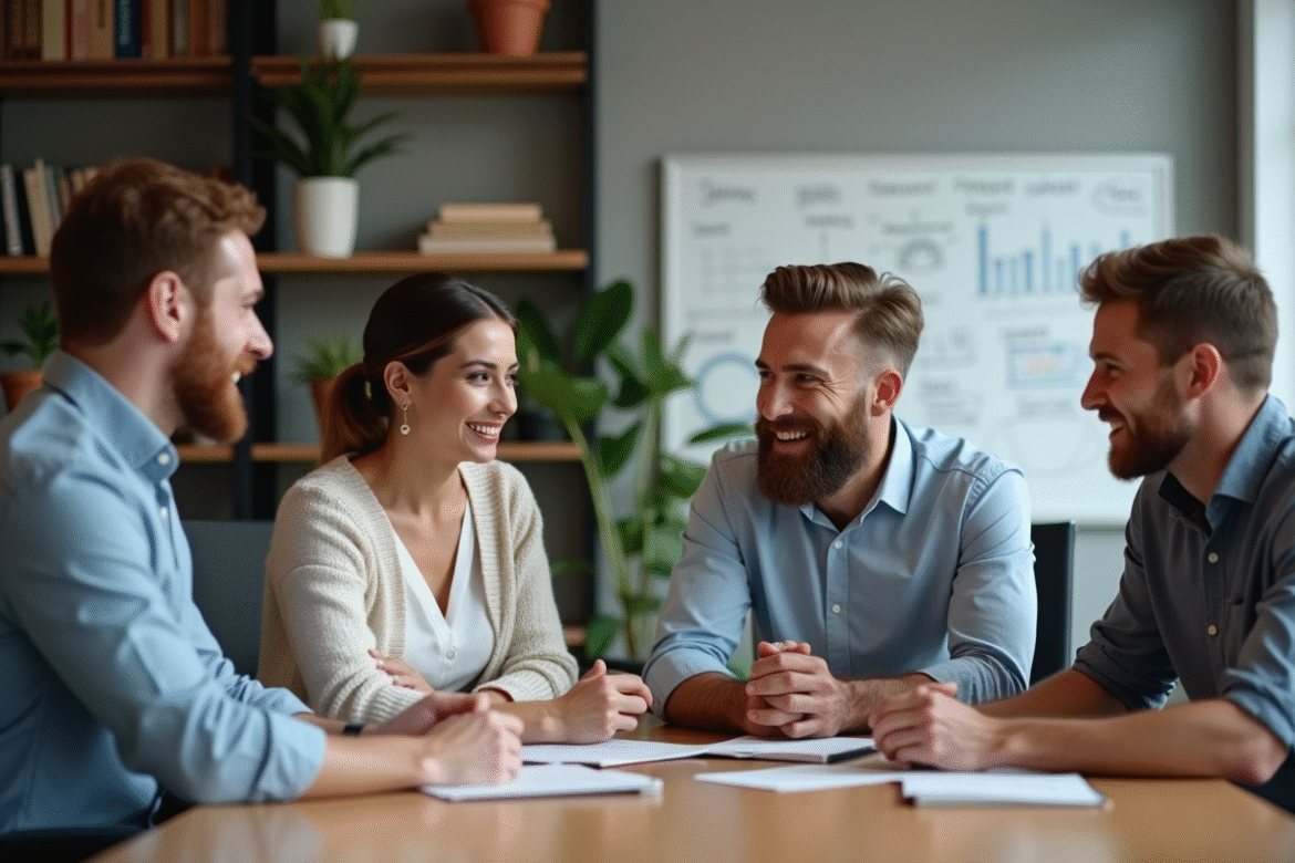 Groupe de quatre adultes en réunion de travail moderne