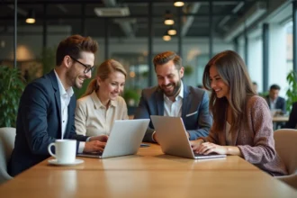 Groupe de jeunes adultes discutant au coworking moderne