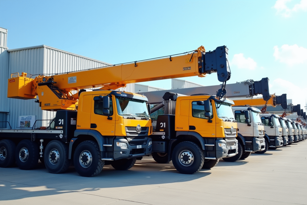 Ligne de grues et camions de chantier dans un dépôt moderne