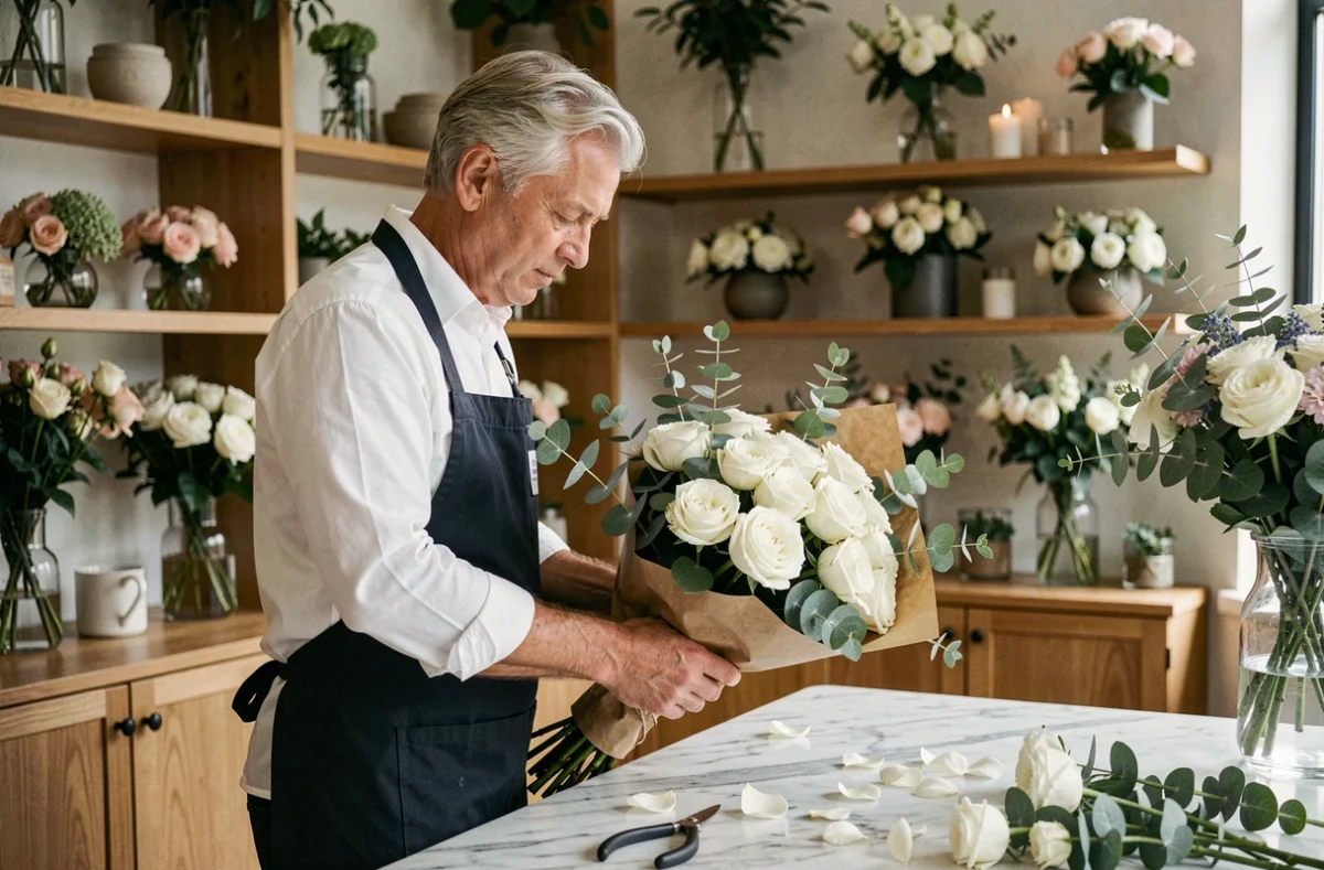 Fleuriste masculin élégant préparant un bouquet raffiné dans la boutique Henry Le Fleuriste à Clermont-Ferrand