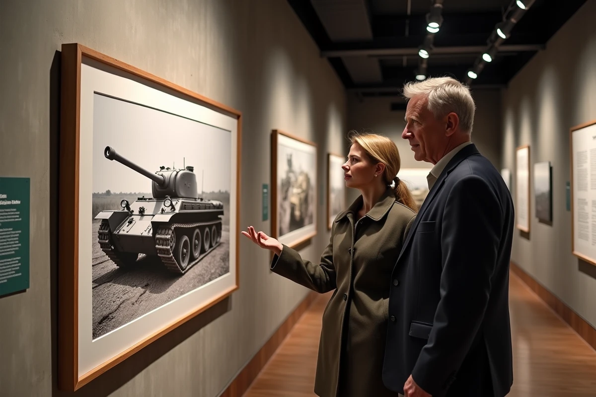 Deux historiens militaires devant une photographie de char Leclerc dans une exposition de musée en France