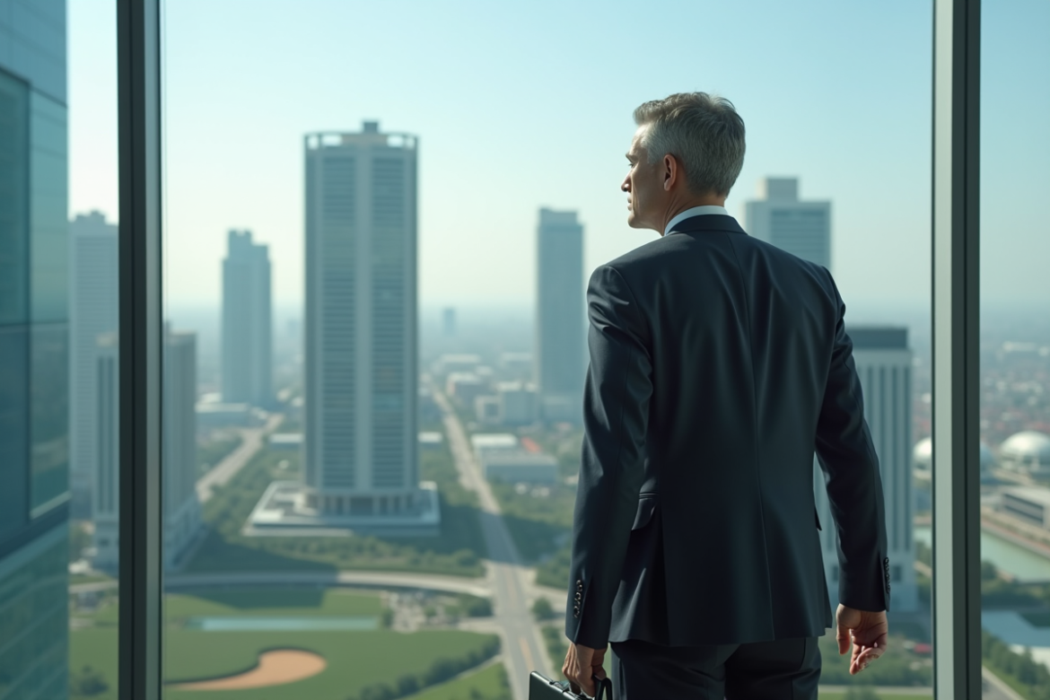 Homme d'affaires regardant la ville depuis un bureau moderne