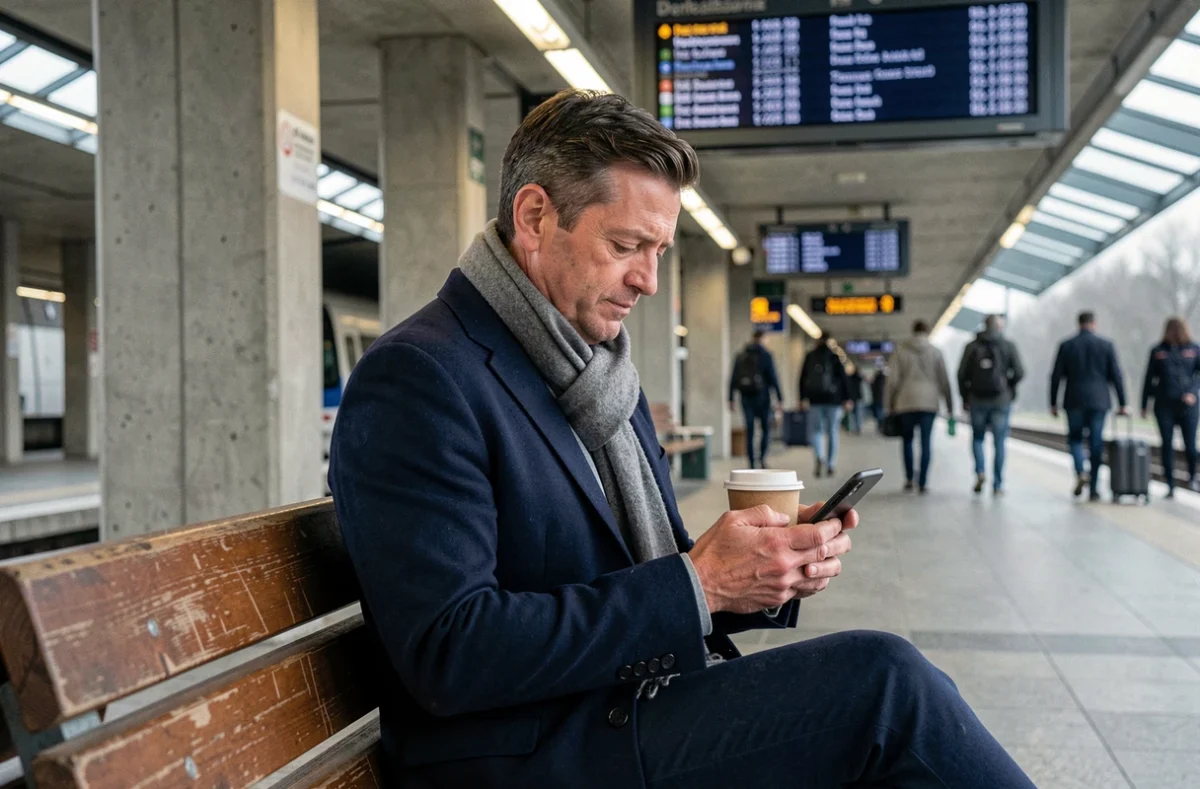 Homme consultant les alertes de transport en commun sur son téléphone dans une gare RER parisienne pendant une perturbation de service
