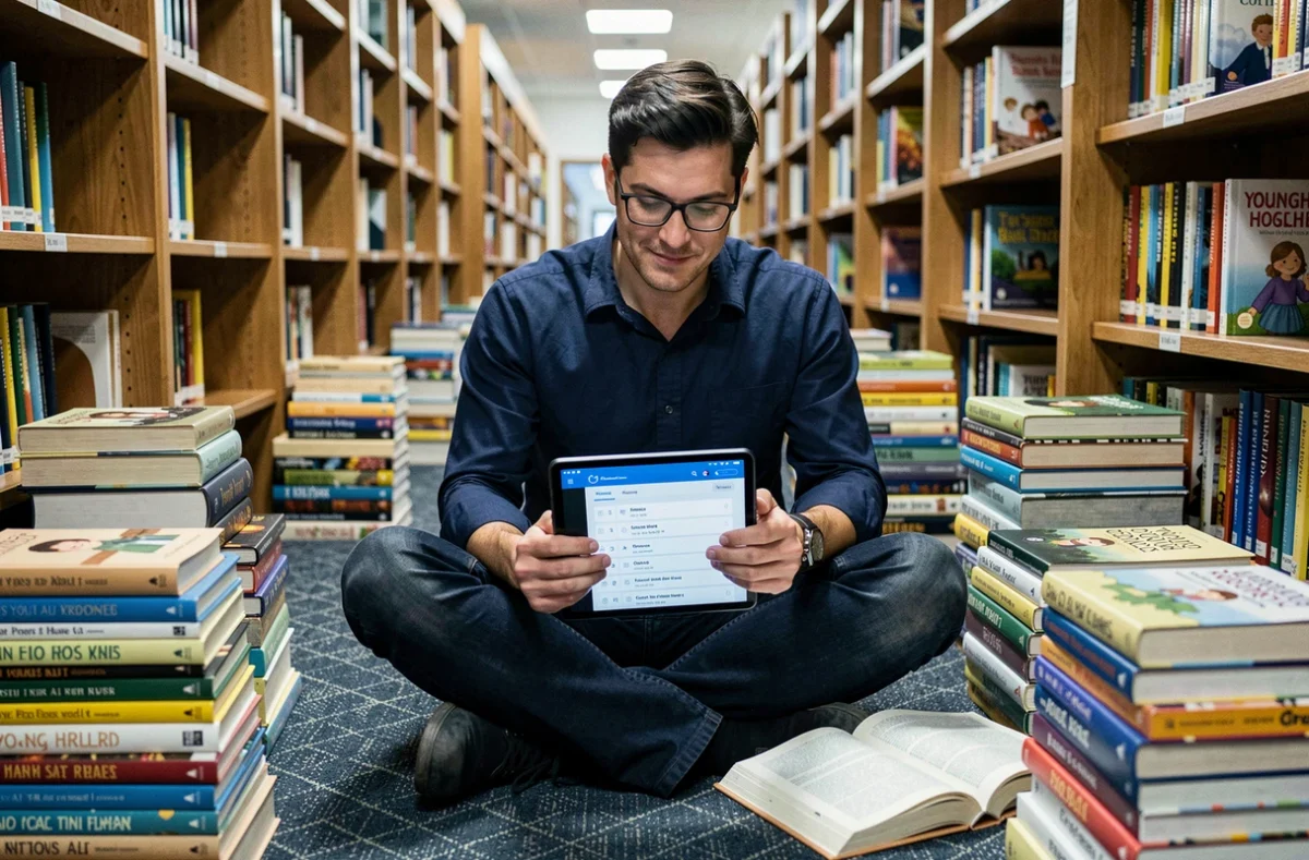 Homme consultant la liste étoiles francelecture sur tablette dans une bibliothèque entouré de livres empilés