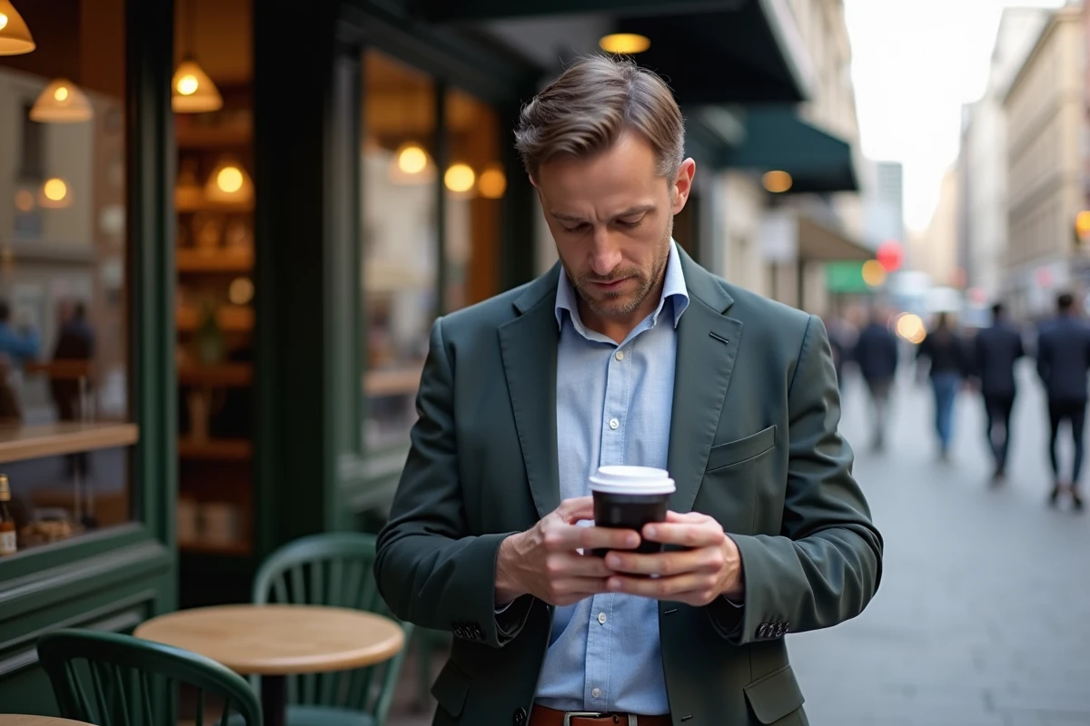 Homme d affaires regardant son smartphone devant un café en ville