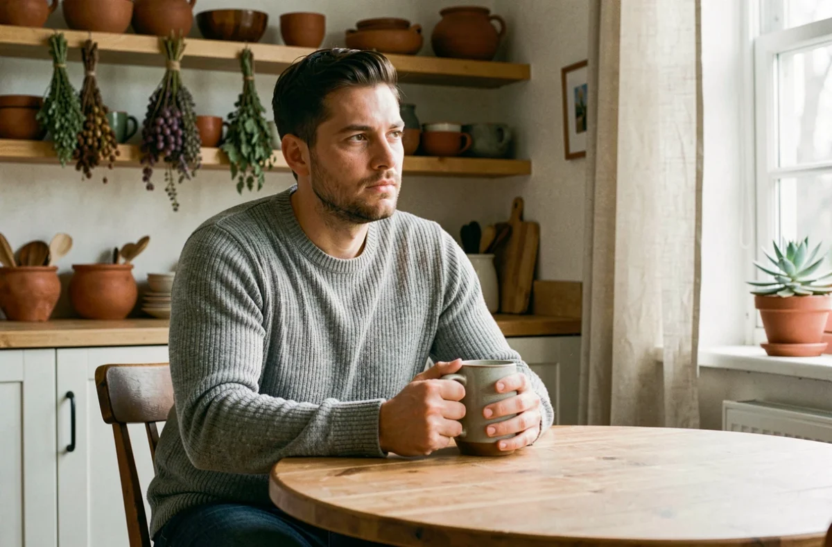 Homme Cancer du zodiaque méditatif tenant une tasse de café dans une cuisine chaleureuse, symbolisant le besoin de sécurité et d'ancrage propre aux personnes nées le 4 juillet sous le signe du Cancer