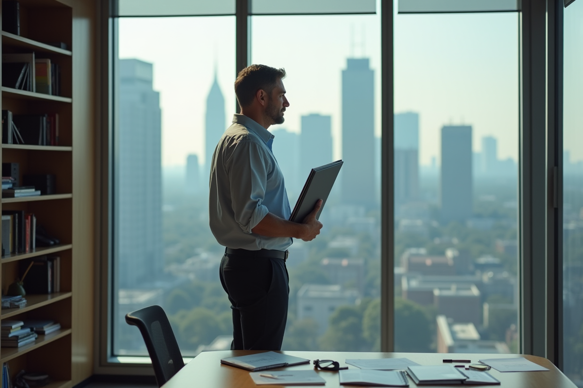 Homme regardant la ville depuis une fenêtre