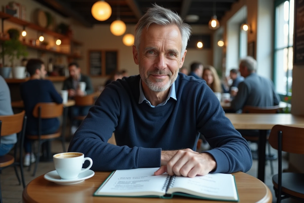 Homme corrigeant un texte en français sur un ordinateur portable dans un café parisien avec un carnet de conjugaisons