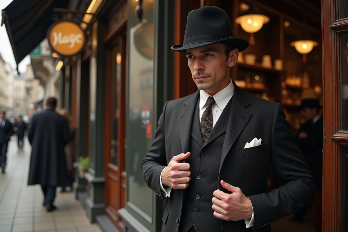 Homme en costume trois pièces devant un café parisien 1920