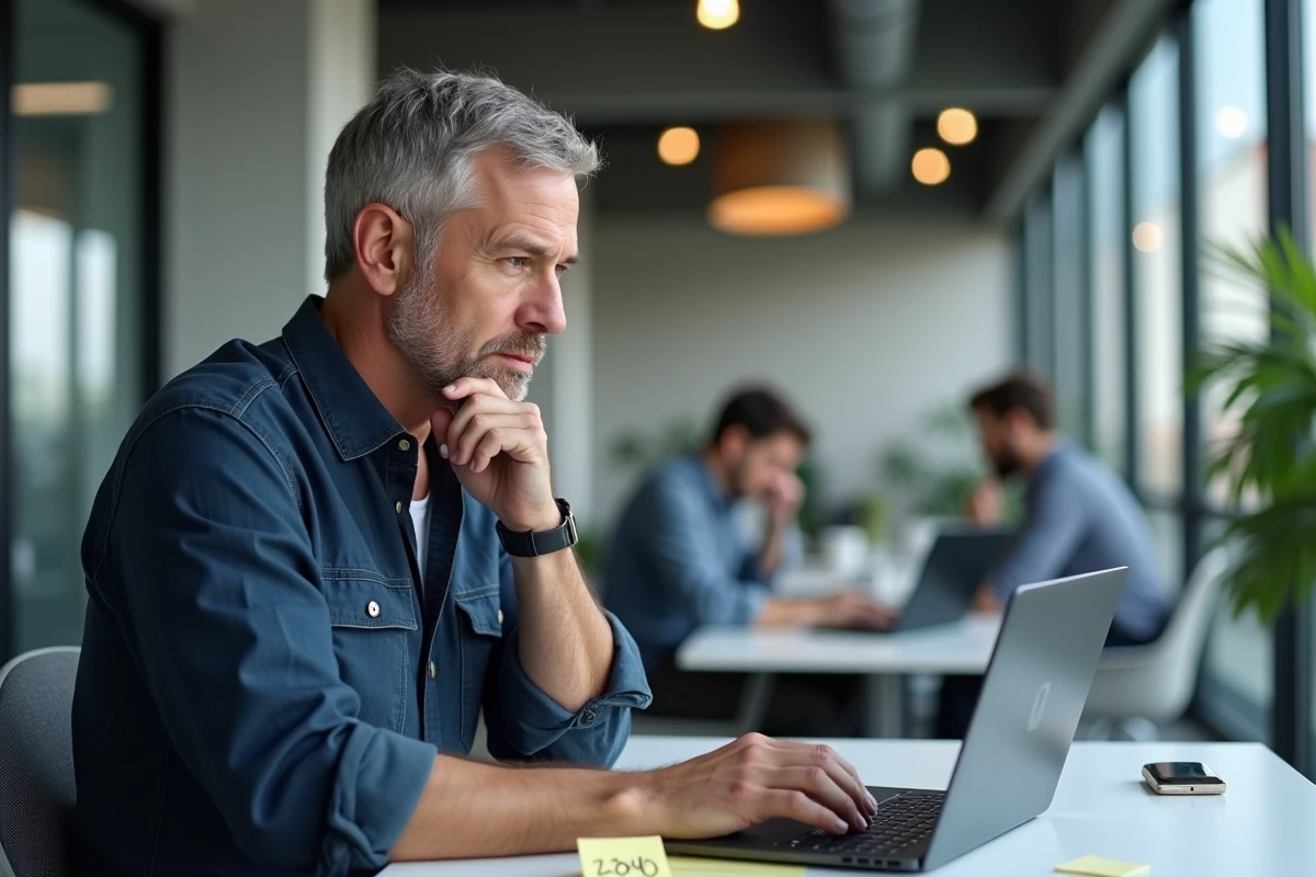 Homme en espace de coworking cherchant des rimes en o sur son ordinateur portable avec des notes manuscrites