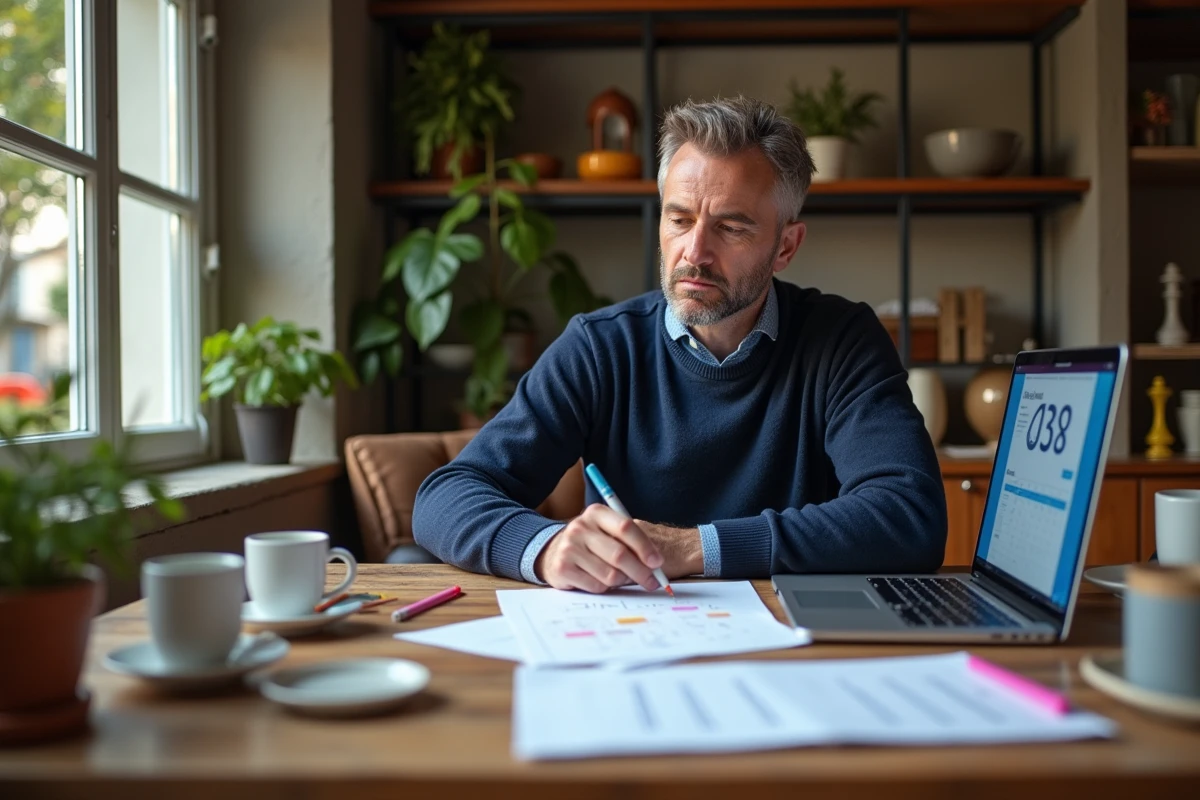 Homme détendu à la maison entouré de calendrier et de fournitures