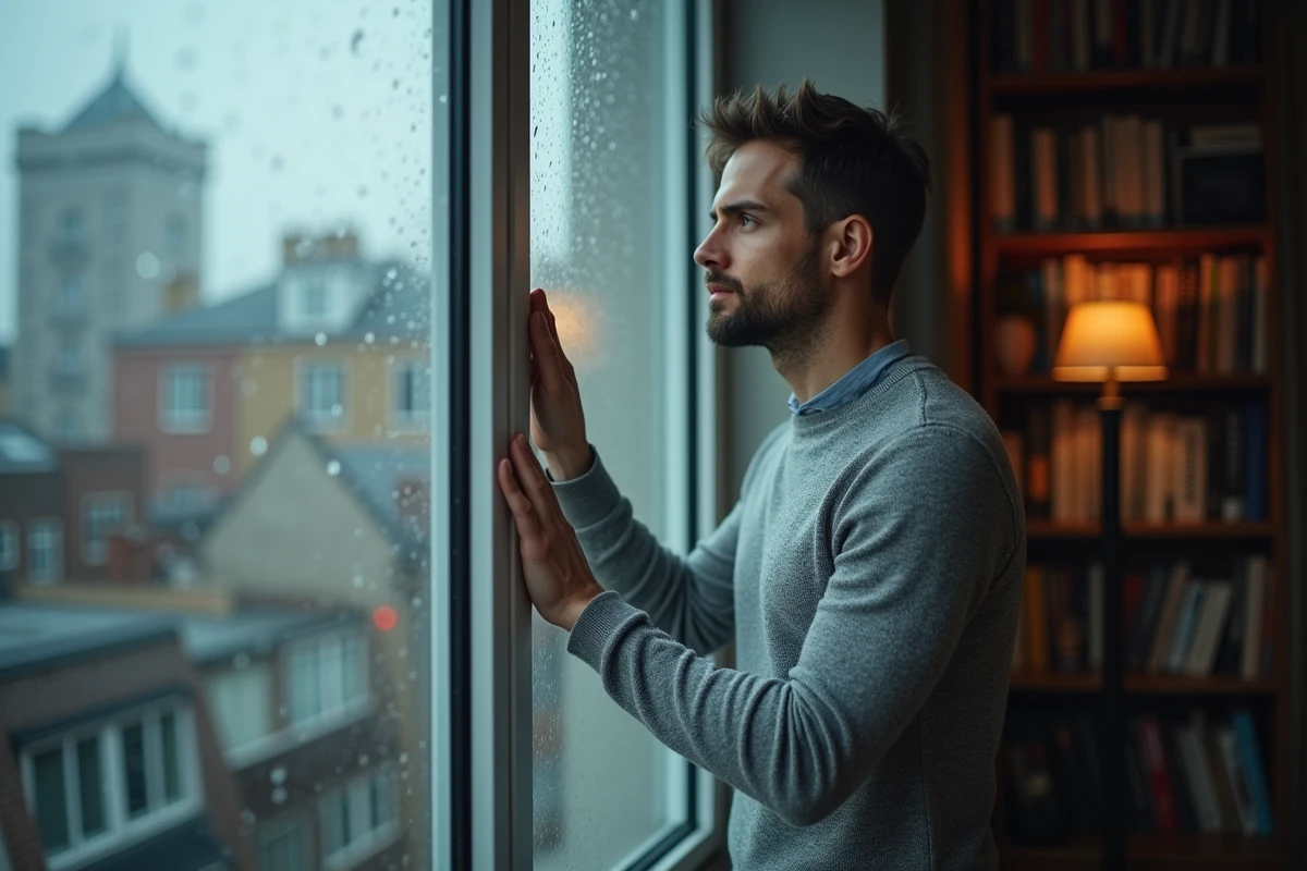 Homme pensif regardant par une fenêtre sous la pluie, symbolisant le détachement émotionnel après une trahison en amour