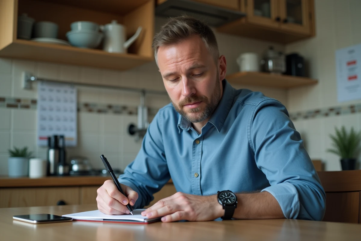 Homme écrivant dans un journal en cuisine quotidienne