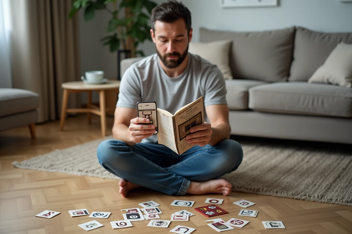 Homme consultant un guide de solution pour Rooms and Exit posé sur le parquet avec des cartes de jeu étalées