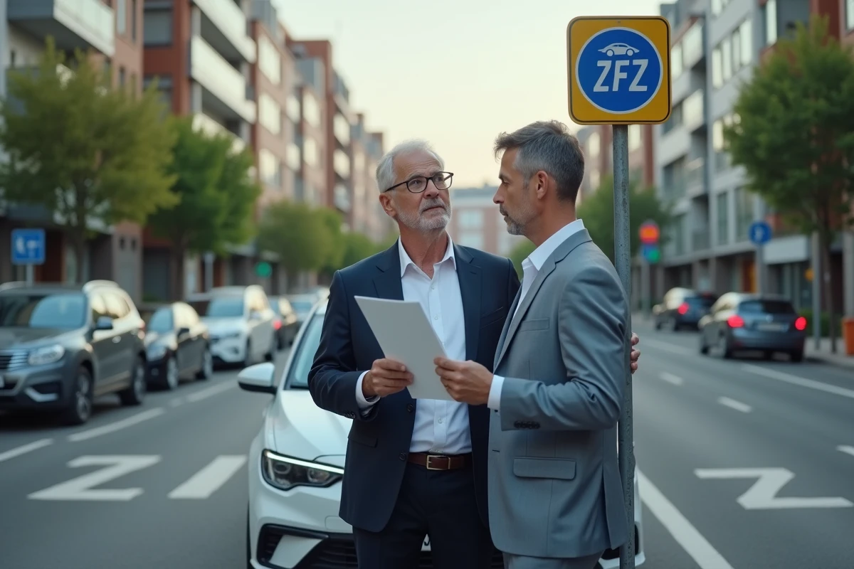 Homme d affaires à côté d une voiture hybride dans une zone ZFE