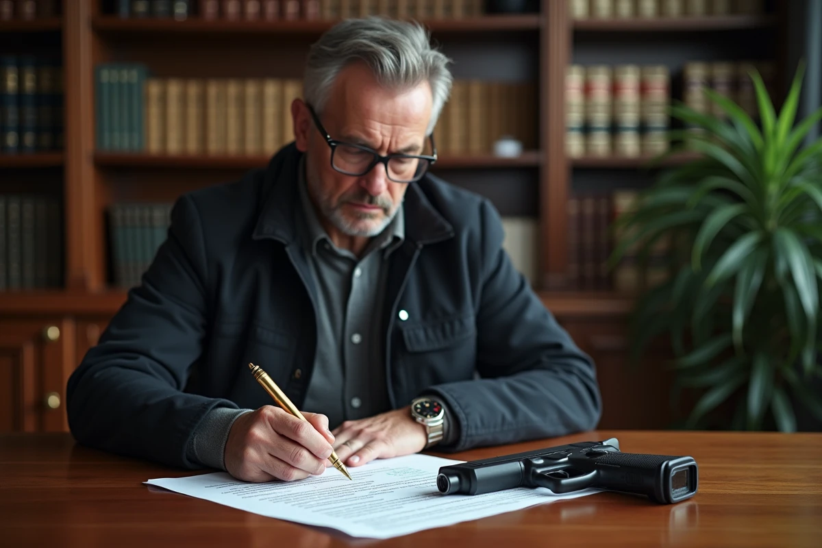 Homme lisant un document sur la réglementation des armes