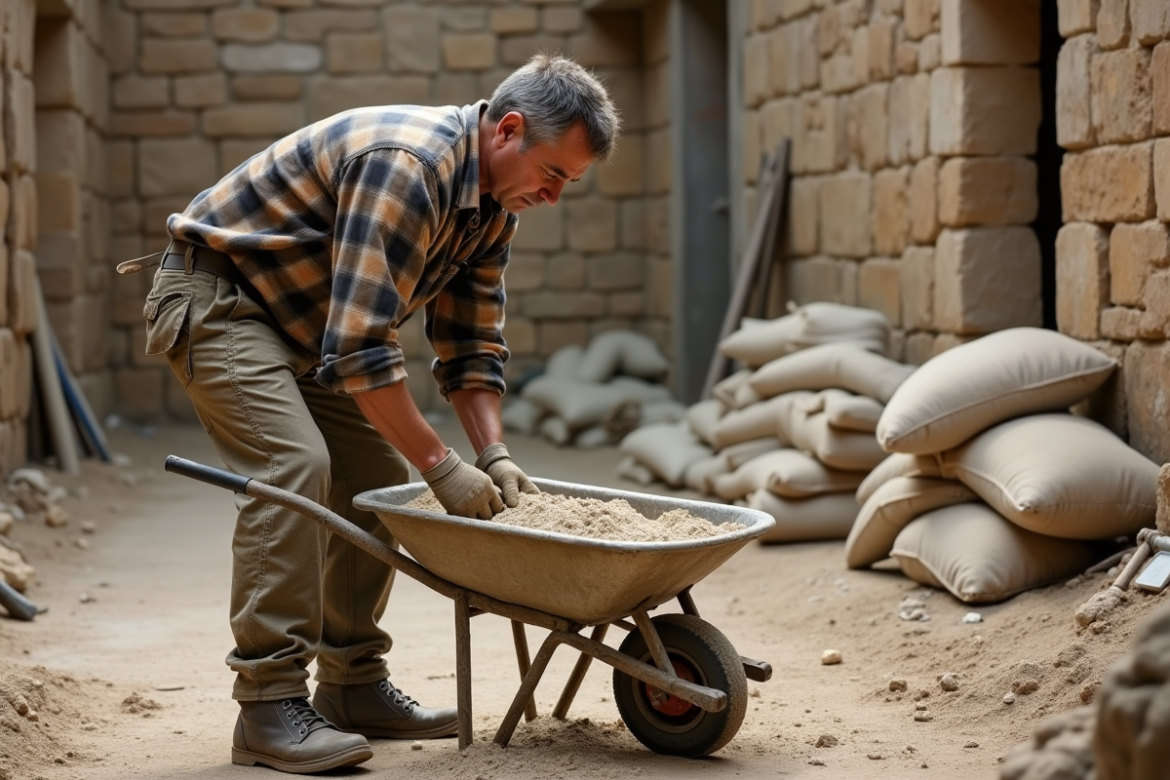 Homme moyenâgeux mélangeant lime et sable dans un brouette