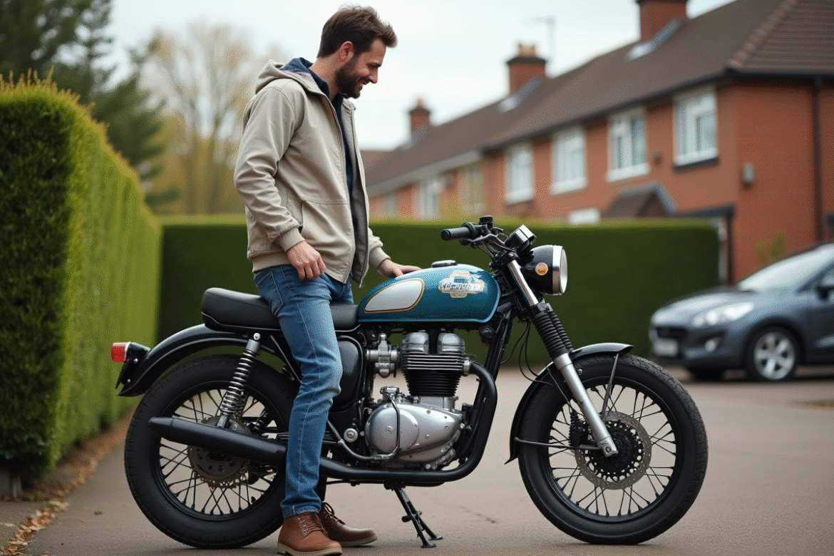 Homme inspectant une moto vintage 125cc dans la cour