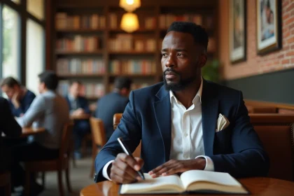 Homme noir en blazer dans un café parisien